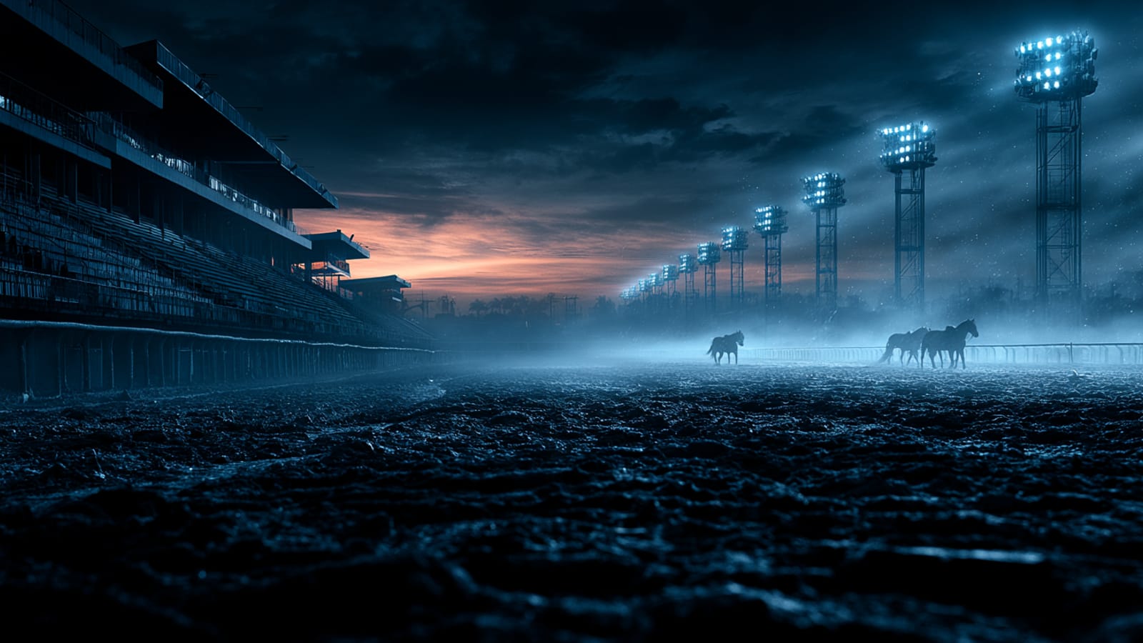 Arquibancada e torres de iluminação ao lado de uma pista de corrida, ao anoitecer